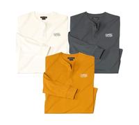 ATLAS FOR MEN - Pack 3 Camisetas Hombre Manga Larga - Algodón Suave - Cuello Tunecino - Casual y Versátil - Ideal Todo el Año - Serigrafía Exclusiva - Disponibles en Tallas Grandes de la M hasta 5XL