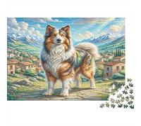 Atlas Shepherd Rompecabezas DIY de Papel Premium Collie en Plaza del Pueblo con montañas, diversión en Juego Familiar 52x38cm/1000 Piezas