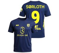 Atletico de Madrid - Camiseta Segunda Equipación 2025 2026 | SØRLOTH Nº9 | Diseño Azul Marino con Amarillo | Licencia Oficial | Aficionados y Fans (FR/ES, Letras, L, Regular, Regular)