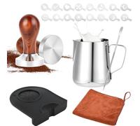 Atliberswo Juego de prensador de café de 51 mm, accesorios para prensar, con jarra de leche de acero inoxidable de 350 ml y lápiz para arte latte, 16 plantillas de café, alfombrilla para prensar, paño