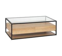 Atmosphera Interior Designer - Mesa de Centro Rectangular Aldea Beige con 2 cajones, Efecto Madera de Roble, Marco Negro y Tablero de Vidrio Templado, para Sala de Estar y Oficina