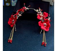 ATNCKS Juego de 3 diademas de flores de perlas rojas para mujer, tiara, diadema china para boda, novia, accesorios para el cabello