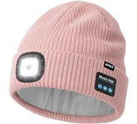 ATNKE LED Bluetooth Gorro con Luz, USB Recargable 4 LED Inalámbrico Música Altavoz Correr Gorra Lámpara Invierno Cálido Punto Gorro con Vellón Forrado Regalos para Hombre y Mujer/Bean Past Pink