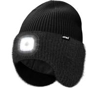 ATNKE LED Luminoso Gorro Sombrero con Orejeras,USB Recargable 4 LED Correr Gorra Manos Libres Lámpara Invierno Cálido Vellón Forrado Punto Beanie Regalos para Hombre y Mujer/Black
