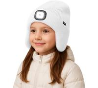 ATNKE Niños LED Luminoso Gorro Sombrero con Orejeras,USB Recargable 4 LED Correr Gorra Manos Libres Lámpara Invierno Cálido Vellón Forrado Punto Beanie Regalos para Niños y Niñas/White