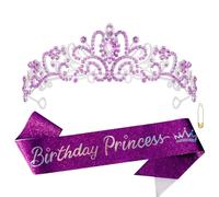 Atoden Juego de corona y banda de cumpleaños para niñas, tiara de princesa morada, coronas de reina, tiara de cristal para mujer, tiara de diamantes de imitación, diadema de cumpleaños, decoraciones