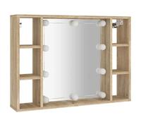 ATOMSTACK MAKER Armario con espejo con iluminación (USB), 76 x 15 x 55 cm, madera de roble Sonoma, 6 compartimentos, montado en la pared, ideal para baño y dormitorio