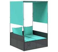 ATOMSTACK MAKER HOMELEN Tumbona doble con techo y cortinas, resistente a la intemperie, polirratán negro con cojines azules lavables, 118 x 110 x 187 cm, para jardín, terraza y piscina