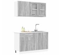 ATOMSTACK MAKER Juego de 4 armarios de cocina Lyon (8 puertas, tiradores de barra), montaje en pared, madera gris mate, Sonoma, 140 x 46 x 81,5 cm, con cajón y estantes
