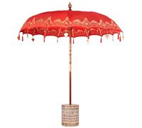 ATOMSTACK MAKER Sombrilla balinesa roja 185 × 185 × 260 cm - Parasol redondo de algodón con estructura de madera maciza, varillas de bambú y campanas decorativas - Incluye base para jardín y terraza