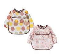 atopo 2 Paquetes Babero con Mangas Largas Impermeable Baberos de Alimentación para Bebés Algodón Delantal Lavable del Bebé por 6-36 Meses Niños Comiendo Pintura y Jugando
