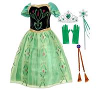 Atorcher Vestido de Anna con corona, varita de hada, guantes, vestido de princesa verde, vestido de fiesta de coronación, Verde con accesorios, 3-4 Años