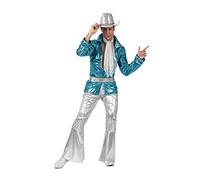 Atosa | Disfraz Disco Hombre Adulto Años 70 | Estilo Inspirado en ABBA | Incluye Pantalón Plateado, Camisa Azul Metalizada, Cinturón y Pañuelo | Ideal para Carnaval | Traje Cómodo | Talla XS-S