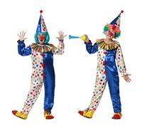 Atosa | Disfraz Payaso de Circo Infantil Unisex | Mono Azul y Blanco con Lunares Multicolor | Incluye Gorro Divertido | Arcoíris y Bonete | Carnaval, Halloween, Fiestas y Eventos | Talla 7-9 Años