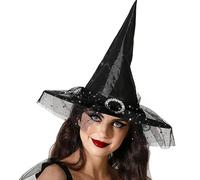 ATOSA sombrero de bruja negro con velo y estrellas doradas