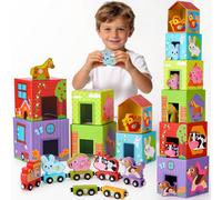 Atoylink Granja Cubos Apilables Bebe, Juguetes Montessori con 6 Cubos Apilables & 6 Animales Granja & 6 Tren Juguete de Madera, Juegos Educativos Aprender a Contar, Regalo para Niñas Niños 3 4 5 Años