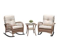 ATR Art TO Real Juego de 3 mecedoras de jardín, Juego de Muebles de conversación de ratán para Patio con Mimbre Tejido a Mano de Resina, Juego de 2 mecedoras y Mesa de café de Vidrio Templado