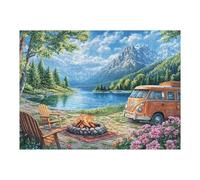 Atractivo Autocaravana Lago Bosque Acampada Vida Relajada Rural Salvaje Puzzle 500 Piezas para Adultos Divertido Desafiante Y Relajante Ideal para Actividades En Casa 500 PCS（52×38cm）