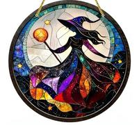 Atrapa acrílico vintage para ventanas, luna y bruja, adorno gótico de vitral, 20 x 20 cm