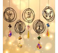 Atrapasoles Cristal, Colgante Cristal Pack de 5 árbol búho colibrí Mariposa Hada, Sun Catcher para Ventanas Jardines, Campanas Viento