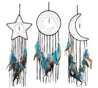 Atrapasueños con forma de estrella, luna y sol, 3 piezas, decoración del hogar y accesorio de habitación de bebé para niños, atrapasueños con decoración de plumas, colgante de pared único para