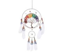 Atrapasueños en forma de árbol de la vida de 7 chakras Decoración de pared con piedra de cristal curativo arcoíris Atrapasueños en forma de pluma blanca para dormitorio Regalo de bendición