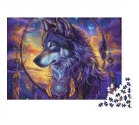 Atrapasueños Lobo Arte Rompecabezas de Noche de Juego de 1000 Piezas para Adultos Lobo Luna Galaxia Premium Grueso Resistente Vibrante Desafiante Duro Alivio del Estrés 52x38cm/1000pcs