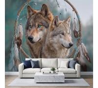 Atrapasueños Ojos Azules, dos lobos Papel pintado fotográfico 400 x 280 cm | Fantástico misterioso mural pegatinas no tejidas para cocina, dormitorio, sala sala sala de estar, decoración fondo de TV