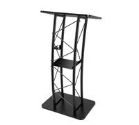Atril de metal curvado 120 cm negro con soporte para bebidas y | Borde elevado en la placa superior. Las notas y los libros permanecen en su lugar. Sin deslizamiento durante el discurso.