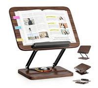 Atril para Libros de Madera con Base Giratoria 360° - Soporte Plegable con Clips, Altura Ajustable - Porta Tablet, Porta Partituras y Recetas de Cocina para Mesa y Escritorio