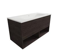 Atrios Modelo Bastet Conjunto Baño Estilo Madera con 1 Cajón, 2 Huecos y Lavabo Porcelánico, Mueble MONTADO, Suspendido en Pared, Laminado Castaño, 100 cm