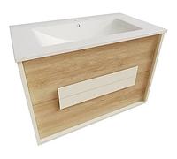 ATRIOS Conjunto Mueble de Baño, Modelo Hera con 2 Cajones, suspendido en pared, Acabado Laminado Roble y Tirador Lacado Blanco, 80 x 60 x 45 cm. Mueble MONTADO y Lavabo Porcelánico Incluido