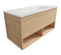 Atrios Modelo Bastet Conjunto Baño Estilo Madera con 1 Cajón, 2 Huecos y Lavabo Porcelánico, Mueble MONTADO, Suspendido en Pared, Laminado Fresno, 120 cm