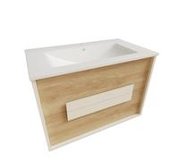 Atrios Modelo Hera Conjunto Baño con 2 Cajones y Tirador Lacado Blanco, Lavabo Porcelánico, Mueble MONTADO, Suspendido en Pared, Madera, Laminado Roble, 100 cm