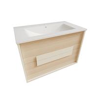 Atrios Modelo Hera Conjunto Baño con 2 Cajones y Tirador Lacado Blanco, Lavabo Porcelánico, Mueble MONTADO, Suspendido en Pared, Madera, Laminado Fresno, 100 cm