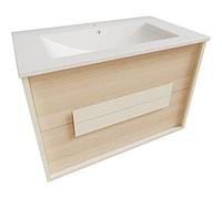 Atrios Modelo Hera Conjunto Baño con 2 Cajones y Tirador Lacado Blanco, Lavabo Porcelánico, Mueble MONTADO, Suspendido en Pared, Madera, Laminado Fresno, 60 cm