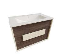 Atrios Modelo Hera Conjunto Baño con 2 Cajones y Tirador Lacado Blanco, Lavabo Porcelánico, Mueble MONTADO, Suspendido en Pared, Madera, Laminado Castaño, 80 cm