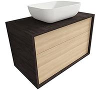 Atrios Modelo Hermes Conjunto Baño con 2 Cajones, Suspendido en Pared, con Lavabo Porcelánico Sobrepuesto y Mueble MONTADO, Madera, Laminado Pino Blanco, 100 cm