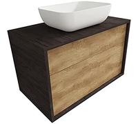 Atrios Modelo Hermes Conjunto Baño con 2 Cajones, Suspendido en Pared, con Lavabo Porcelánico Sobrepuesto y Mueble MONTADO, Madera, Laminado Roble, 100 cm