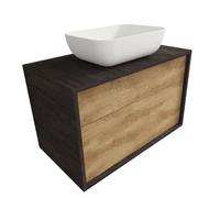 Atrios Modelo Hermes Conjunto Baño con 2 Cajones, Suspendido en Pared, con Lavabo Porcelánico Sobrepuesto y Mueble MONTADO, Madera, Laminado Roble, 60 cm