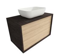 Atrios Modelo Hermes Conjunto Baño con 2 Cajones, Suspendido en Pared, con Lavabo Porcelánico Sobrepuesto y Mueble MONTADO, Madera, Laminado Fresno, 80 cm