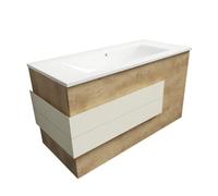 Atrios Modelo Leo Conjunto Baño Estilo Madera con 2 Cajones, Lavabo Porcelánico y Suspendido en Pared, Mueble MONTADO, Laminado Roble, 60 cm