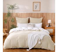 ATsense Ropa de cama de 155 x 220 cm, 2 piezas, color beis, 100 % algodón lavado con textura de lino, Öko-Tex, para alérgicos, 1 funda nórdica con 1 funda de almohada de 80 x 80 cm