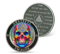 AtSKnSK Calavera colorida moneda sobriedad Grateful I'm Alive AA Moneda Recuperación AA HA NA Chips Medallones de sobriedad Token Regalos de Alcohólicos Anónimos para Hombres y Mujeres