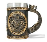 AtSKnSK Jarra de cerveza vikinga de acero inoxidable con un asa, mitología nórdica, martillo de Thor, árbol de la vida, café, jarras vikingas, regalos para hombres y mujeres (Thor Hammer)