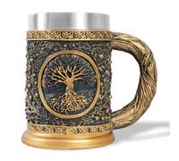 AtSKnSK Jarra de cerveza vikinga de acero inoxidable con un asa, mitología nórdica, martillo de Thor, árbol de la vida, café, jarras vikingas, regalos para hombres y mujeres (árbol de la vida)