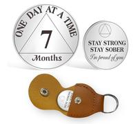 AtSKnSK Medallón con moneda de 7 meses de sobriedad de 1 a 12 meses, con chip AA para mujeres y hombres, regalo de recuperación para alcohólicos anónimos, con llavero de piel sintética (7 meses)