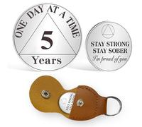 AtSKnSK Medallón de moneda de 5 años de sobriedad de 1 a 10 años de sobriedad, medallón con chip AA para mujeres y hombres, regalo de recuperación para alcohólicos anónimos, con llavero de piel