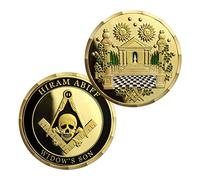 AtSKnSK Moneda masónica Hiram Abiff con símbolo de calavera, de latón con diseño de cabaña masónica y base a cuadros, ideal como coleccionable y regalo para los partidarios masónicos