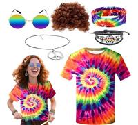 Atsmoce 6 Pzs Disfraz Hippie Hombre Mujer, Disfraz Años 60 70 80, Carneval Costume (2XL)